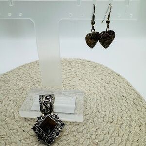Black And Brown Pendant And Gemstone Earrings Set